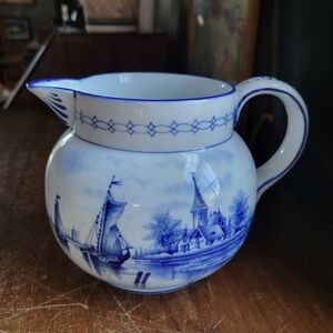 Vintage German Large Delft Porcelain Cream Pitcher - Bulbous - Ships/Windmill